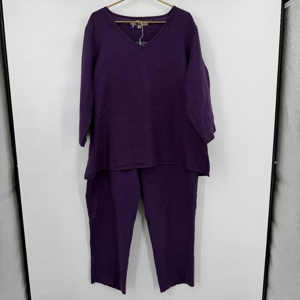 FLAX 100% Linen 2 Piece Set Purple Lagenlook Top & Pants Women's L